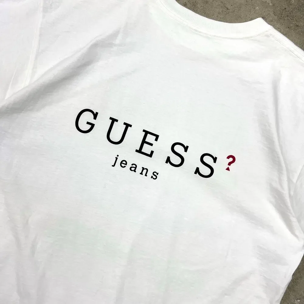 Vintage 90s Guess Jeans ? Question Mark Tee T Shirt Double Sided USA Made White - Picture 7 of 9